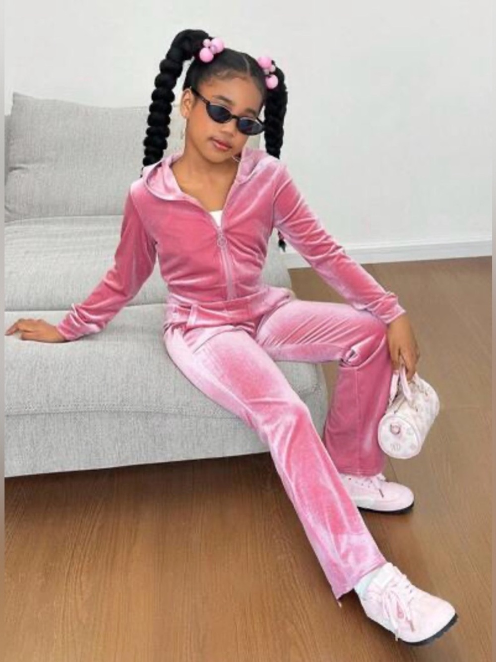 Girls Pink Velvet Zip-Up Set